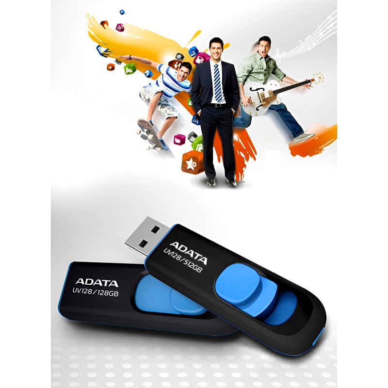 ADATA UV128 USB 3.2 Flash Drive – Sleek, Slide-Out Design | Available in 32GB, 64GB, and 128GB